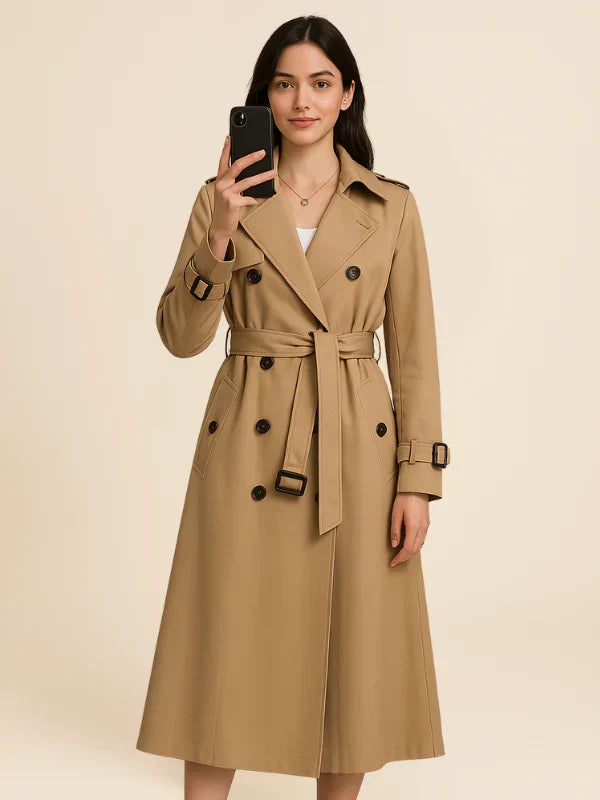 Women's belted double-breasted trench coat with long sleeves and notched collar