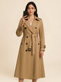 Women's belted double-breasted trench coat with long sleeves and notched collar