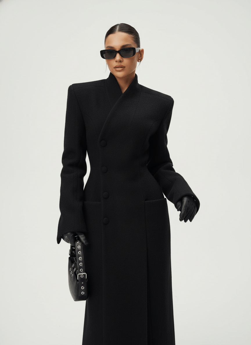 Women's black tailored maxi coat with shawl collar, buttons and flap pockets