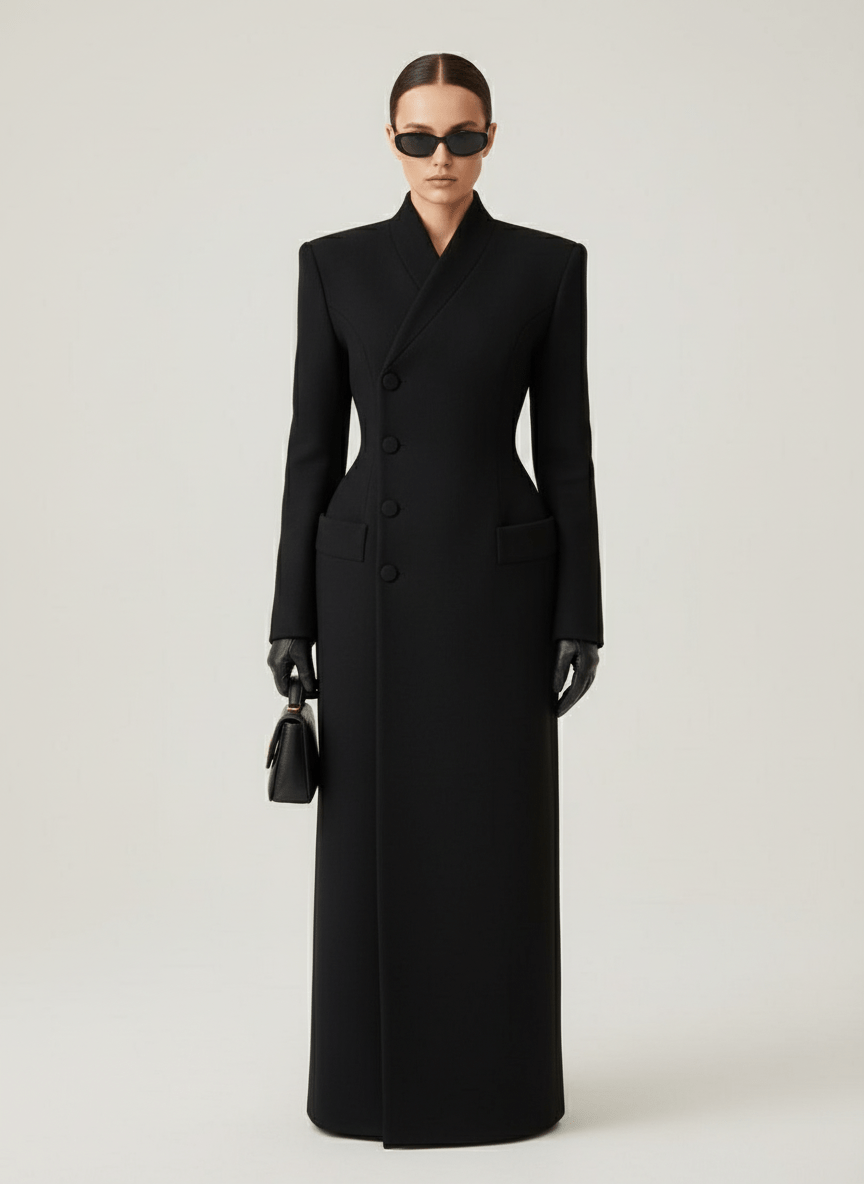 Women's black tailored maxi coat with shawl collar, buttons and flap pockets