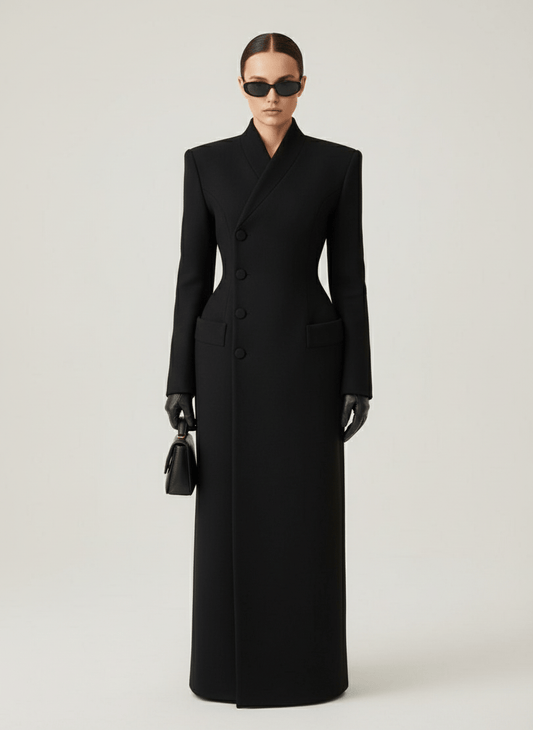 Women's black tailored maxi coat with shawl collar, buttons and flap pockets
