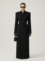 Women's black tailored maxi coat with shawl collar, buttons and flap pockets