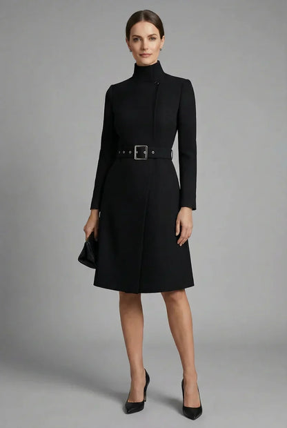 Women's black high neck midi dress with long sleeves and belted waist