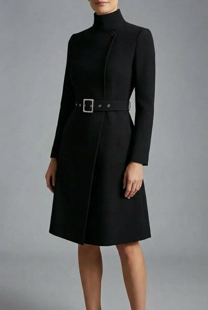 Women's black high neck midi dress with long sleeves and belted waist