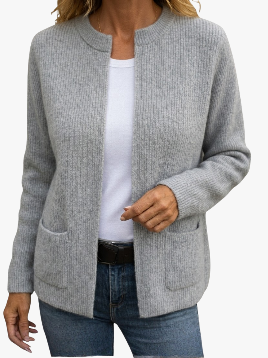 Women's ribbed knit cardigan with long sleeves and front patch pockets