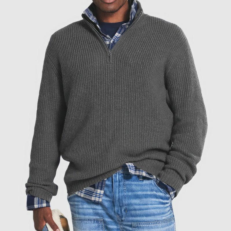 Men's textured knit quarter-zip sweater with mock neck and long sleeves