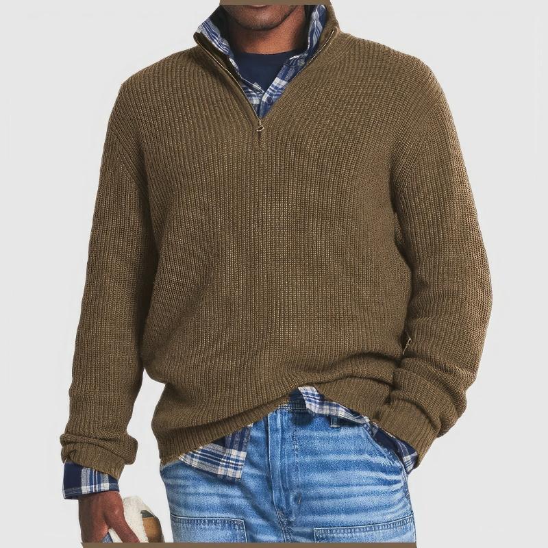 Men's textured knit quarter-zip sweater with mock neck and long sleeves