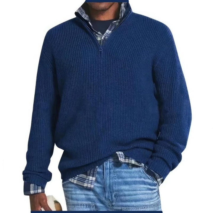 Men's textured knit quarter-zip sweater with mock neck and long sleeves