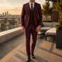 Men's three-piece suit with two-button jacket, waistcoat and tailored trousers