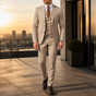 Men's three-piece suit with two-button jacket, waistcoat and tailored trousers