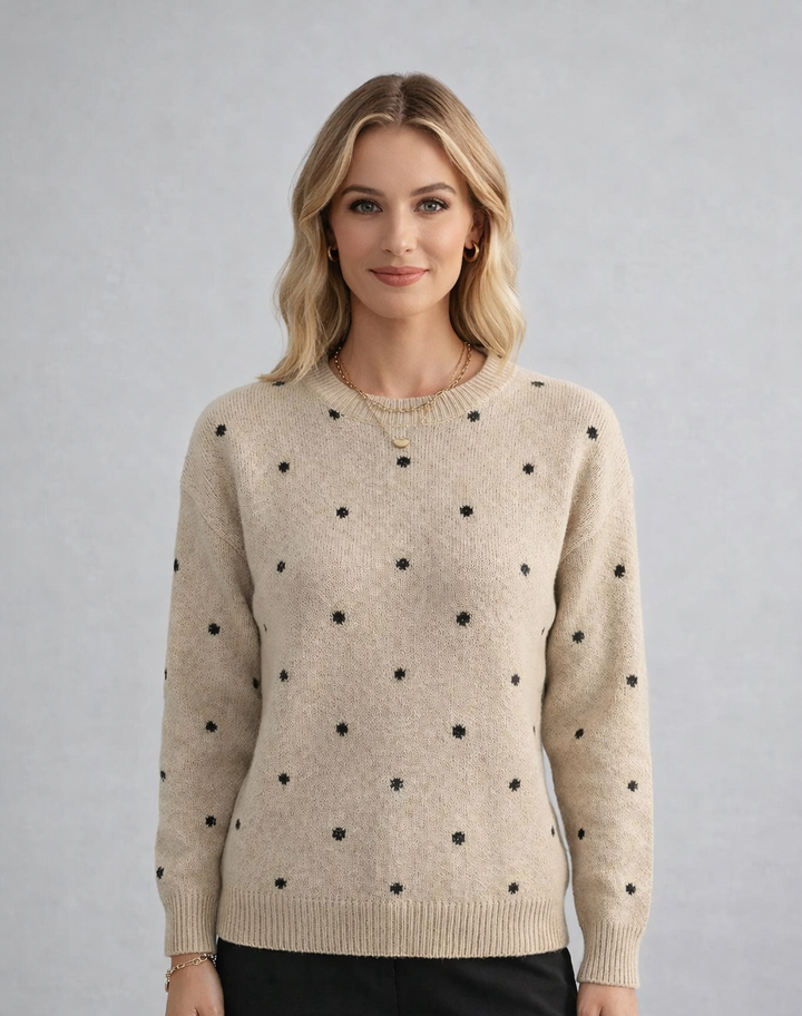 Women's polka dot crew neck sweater with long sleeves