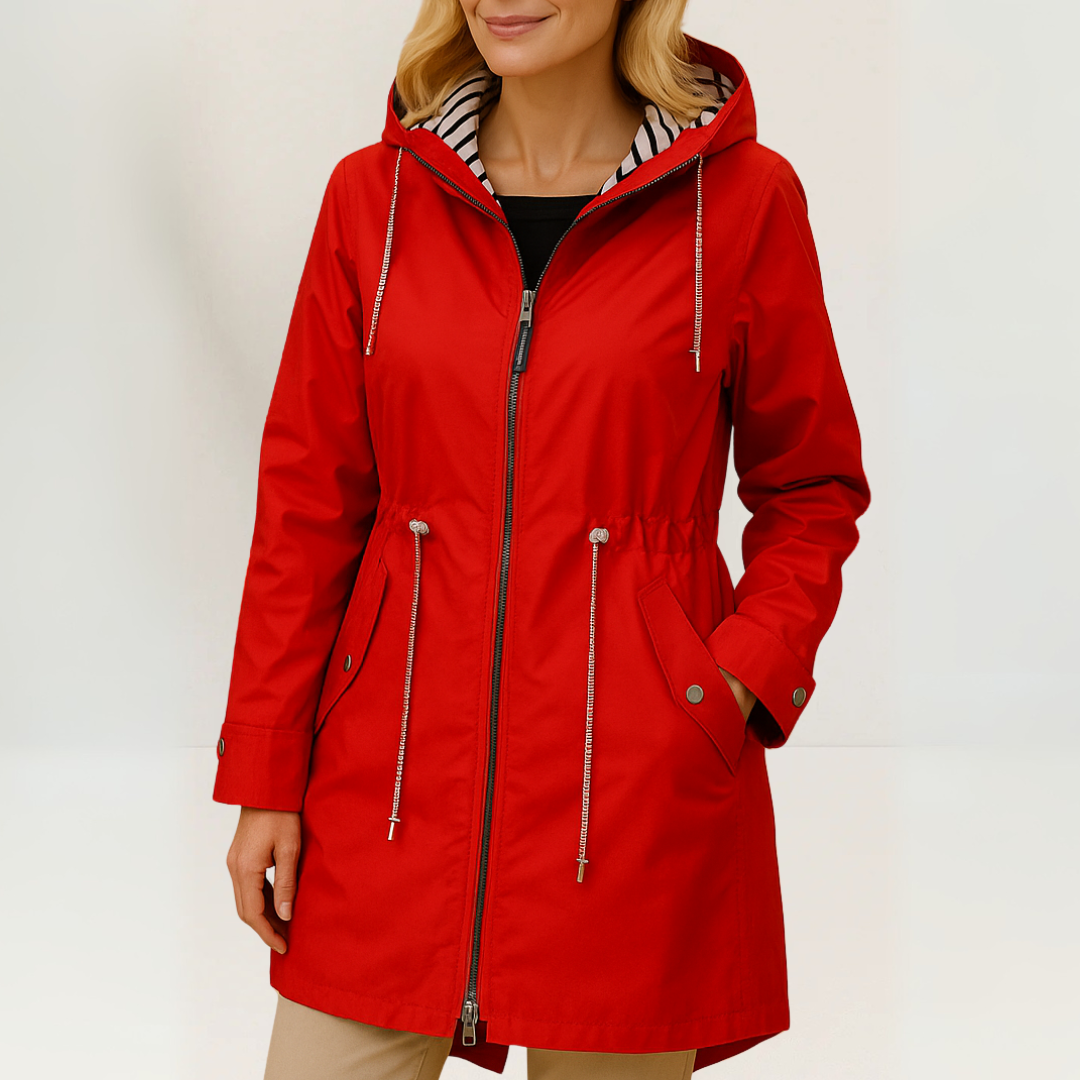 Women's longline hooded parka jacket with drawstring details and angled pockets