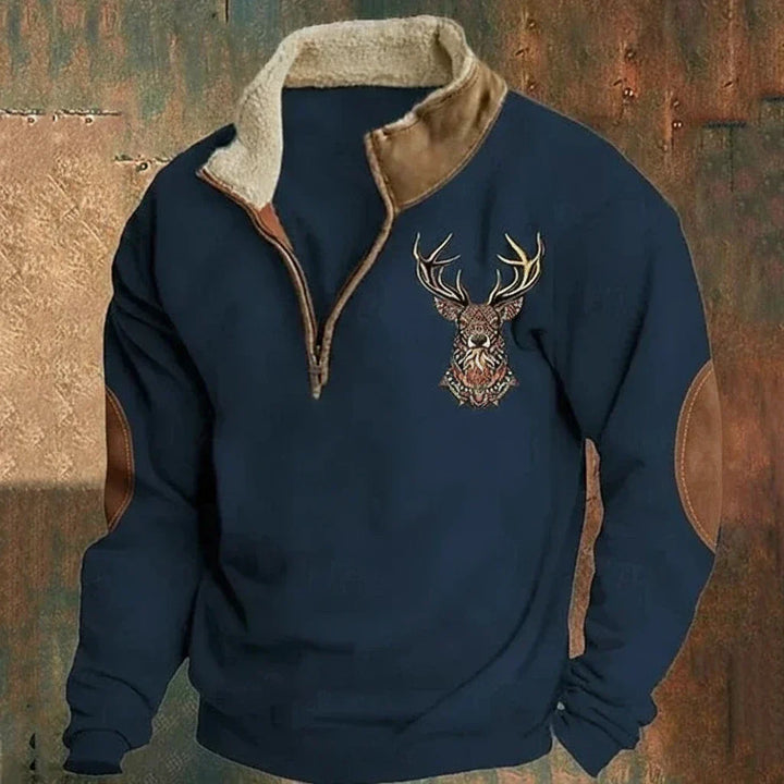 Men's quarter-zip pullover with deer chest embroidery