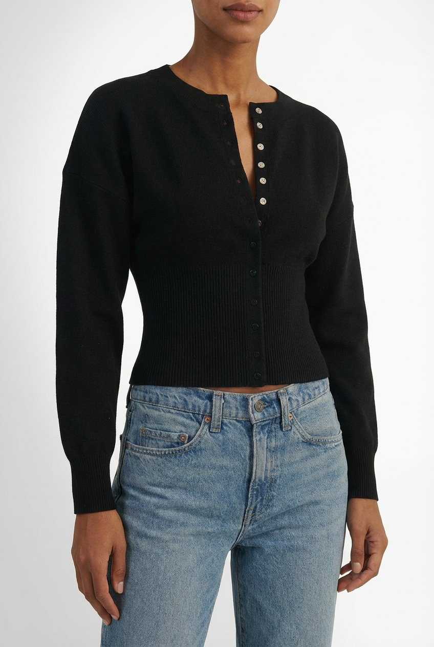 Women's slim-fit cropped button-front cardigan with long sleeves
