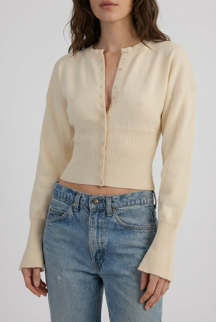 Women's slim-fit cropped button-front cardigan with long sleeves