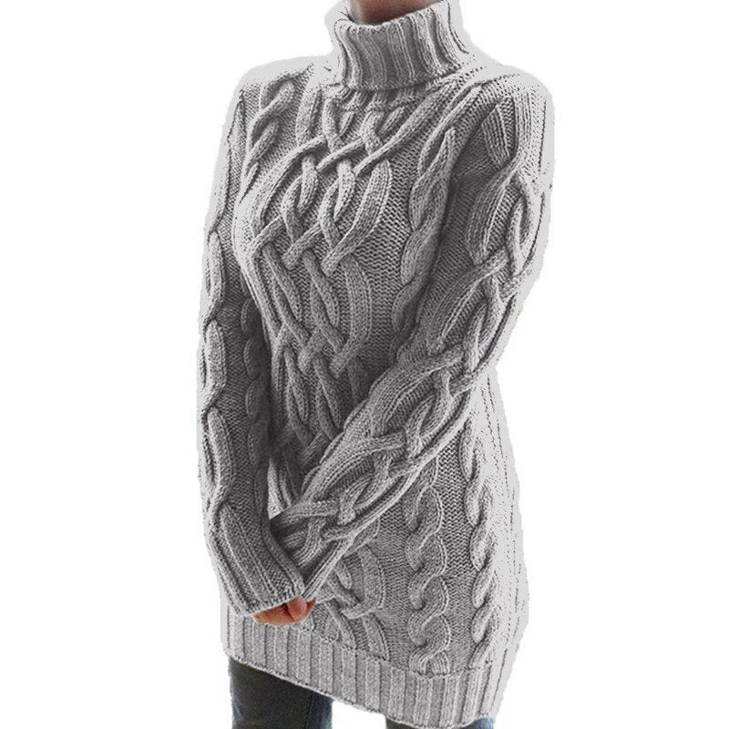 Women's cable-knit turtleneck sweater tunic with long sleeves