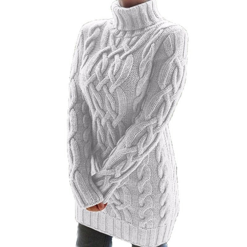 Women's cable-knit turtleneck sweater tunic with long sleeves