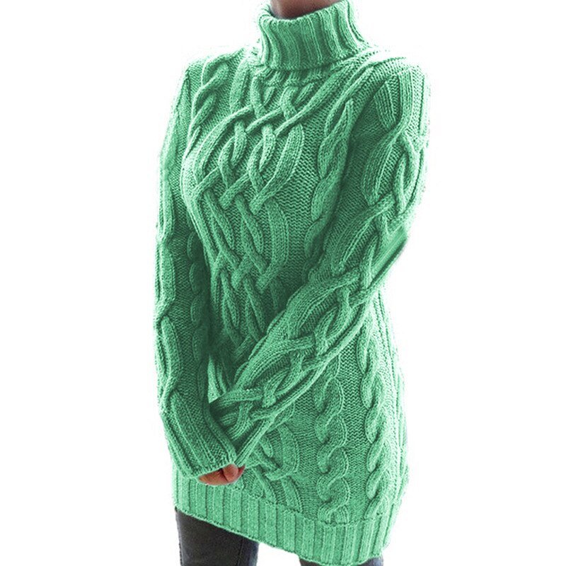 Women's cable-knit turtleneck sweater tunic with long sleeves
