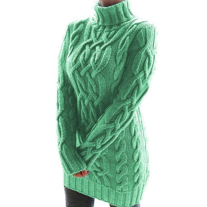 Women's cable-knit turtleneck sweater tunic with long sleeves