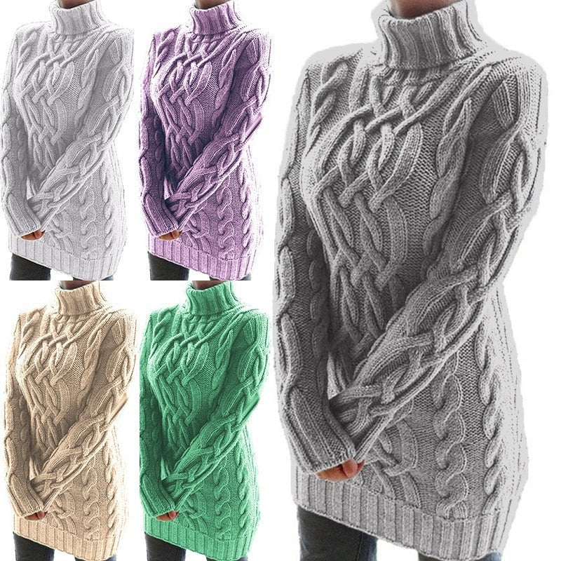 Women's cable-knit turtleneck sweater tunic with long sleeves