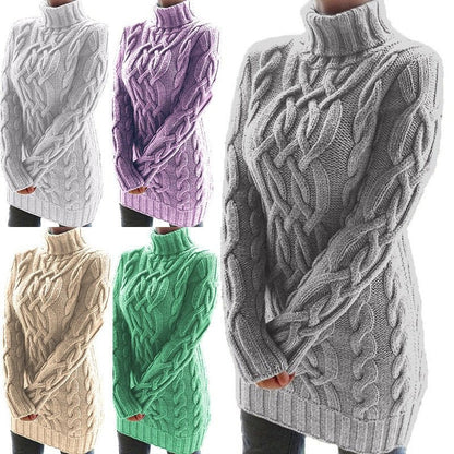 Women's cable-knit turtleneck sweater tunic with long sleeves