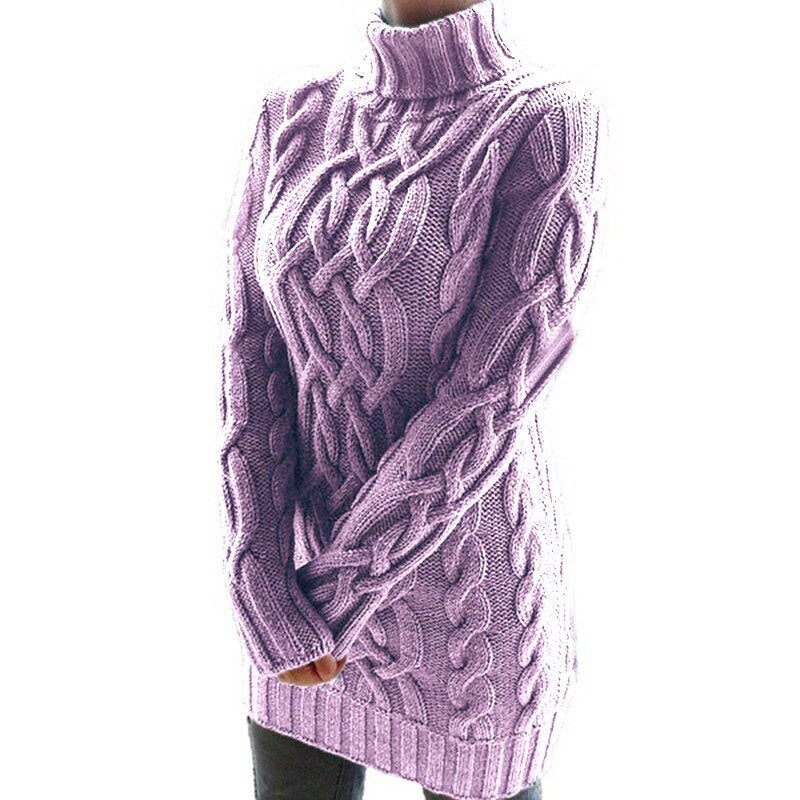Women's cable-knit turtleneck sweater tunic with long sleeves