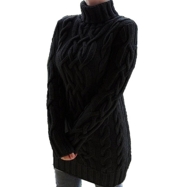 Women's cable-knit turtleneck sweater tunic with long sleeves