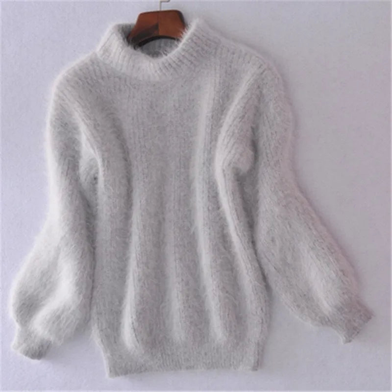 Women's mock neck sweater with long balloon sleeves and ribbed trims