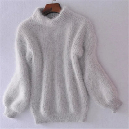 Women's mock neck sweater with long balloon sleeves and ribbed trims