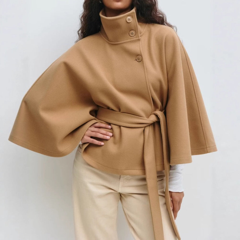 Women's belted cape coat with high collar and wide sleeves