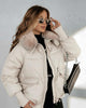 Women's short hooded puffer jacket with plush collar and pockets
