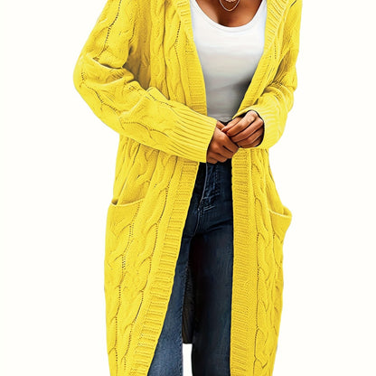 Women's long textured cable knit cardigan with open front and patch pockets