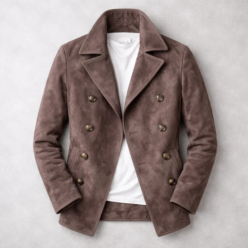 Men's textured double-breasted trench coat with notched collar and long sleeves