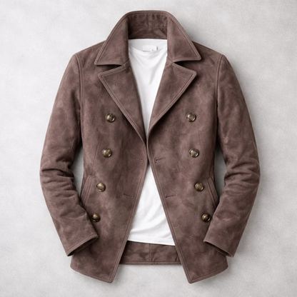 Men's textured double-breasted trench coat with notched collar and long sleeves