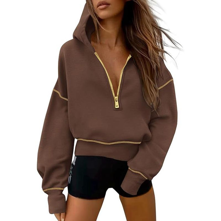 Women's cropped hooded sweatshirt with half zip and contrast stitching