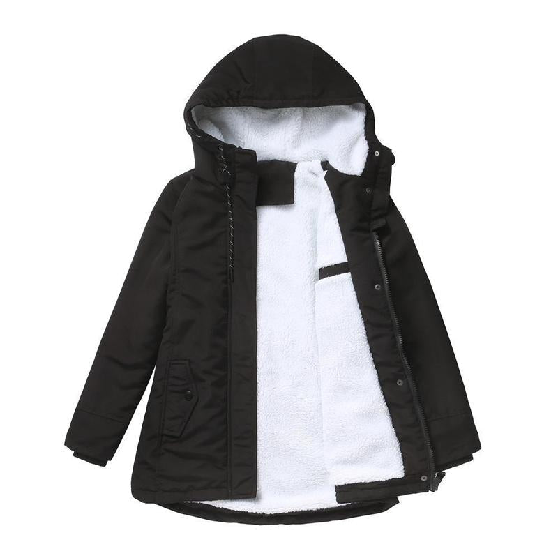 Women's hooded winter coat with contrasting lining and zip front