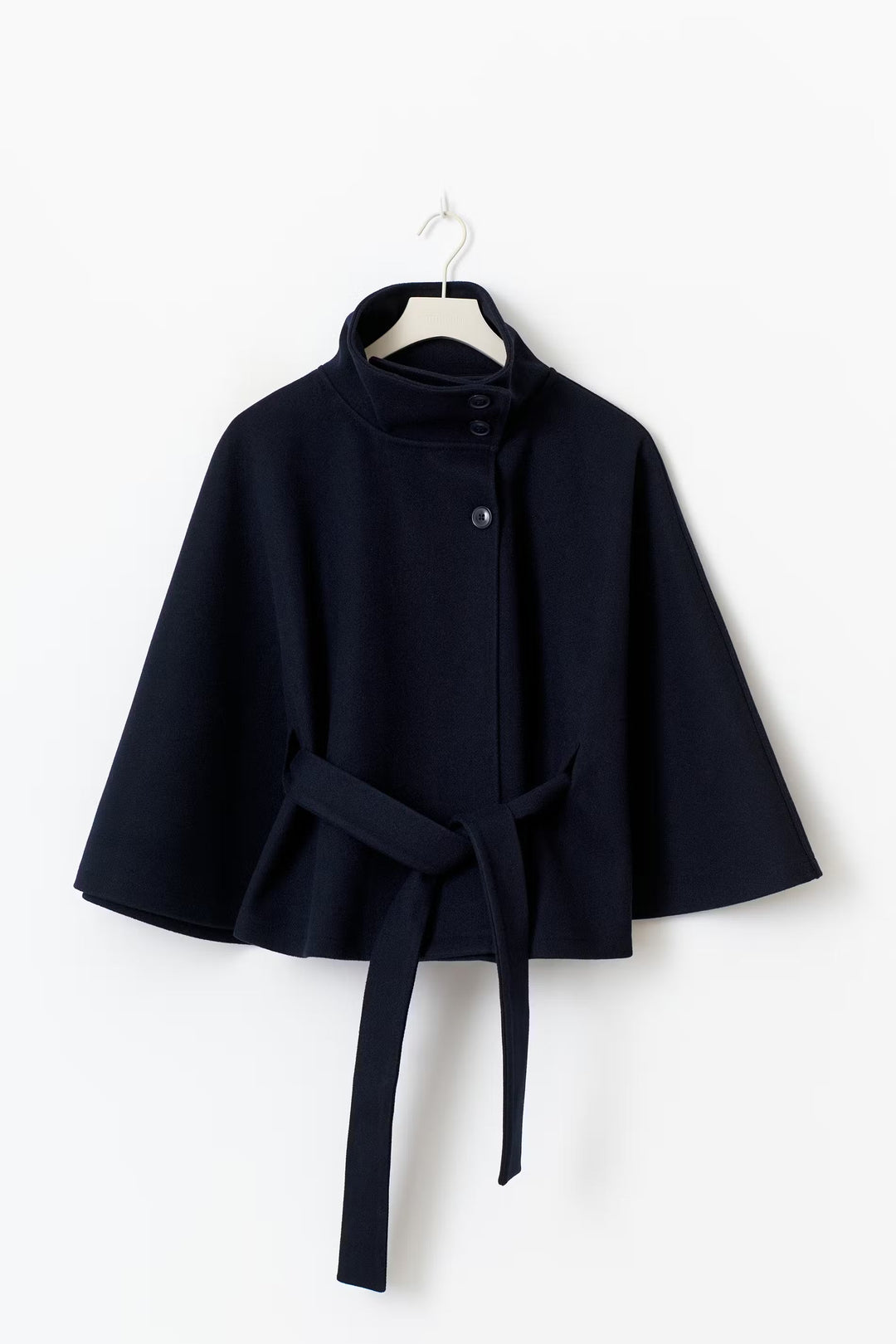 Women's cape coat with high collar and tie belt