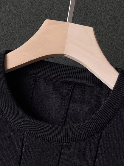 Men's long-sleeve ribbed crew neck sweater with vertical panels