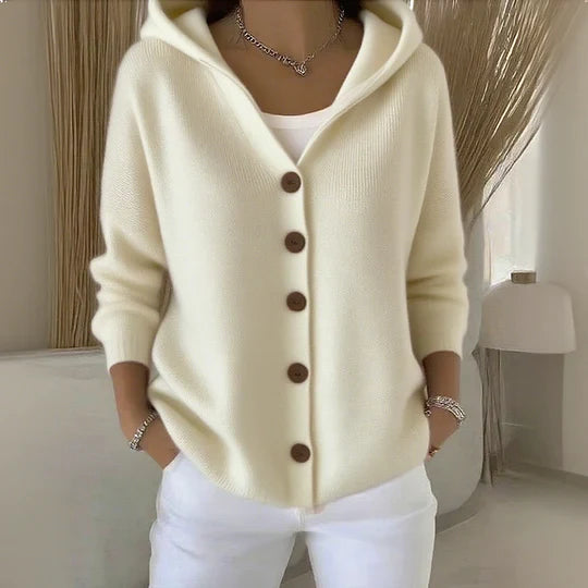 Women's hooded button cardigan with long sleeves and front pockets