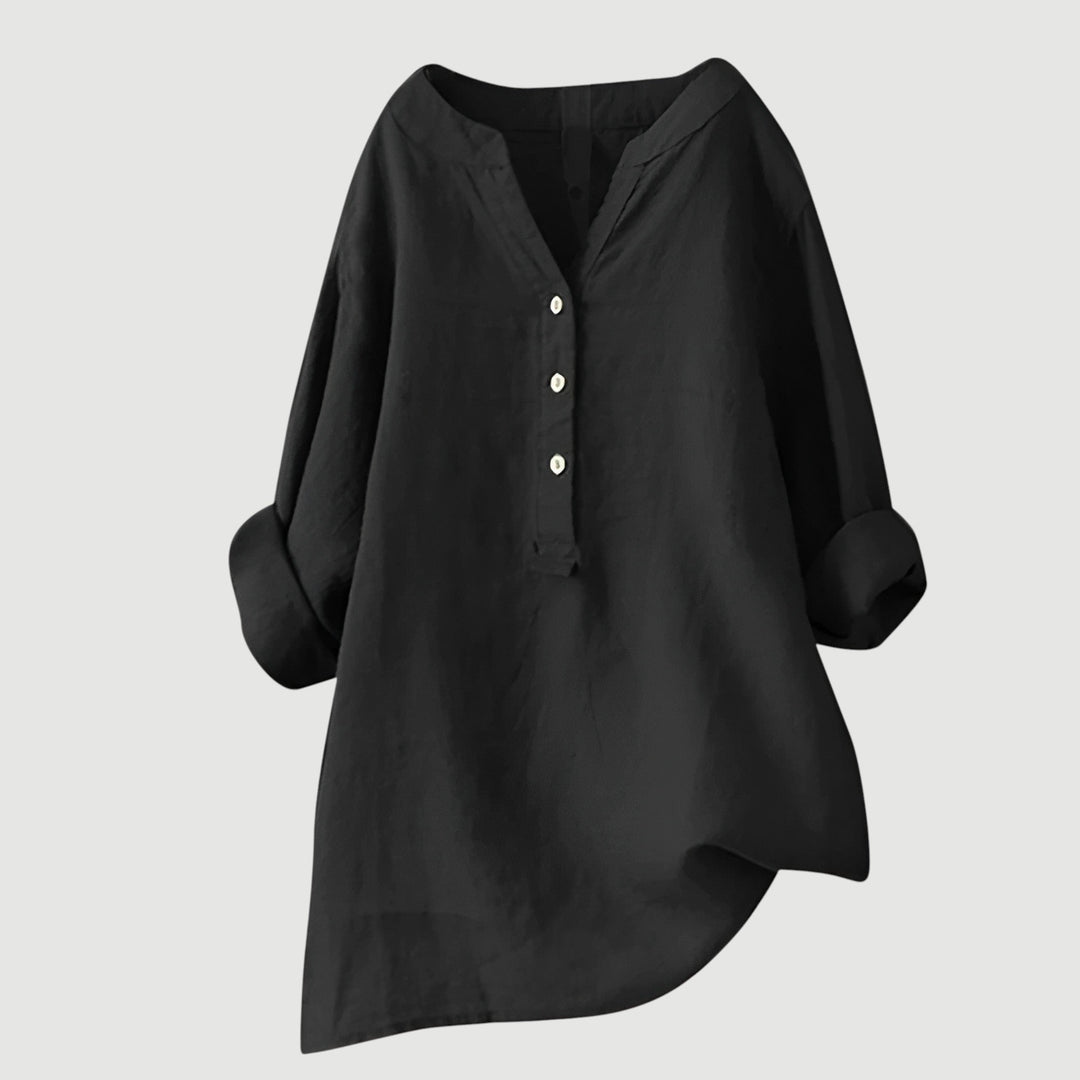 Women's relaxed tunic blouse with V-neck button front and three-quarter rolled sleeves in rust and sage