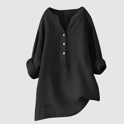 Women's relaxed tunic blouse with V-neck button front and three-quarter rolled sleeves in rust and sage