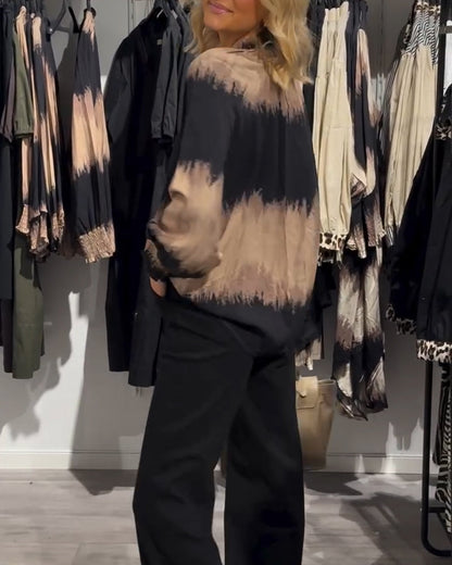 Women's brown and black tie-dye V-neck blouse with long sleeves and buttons