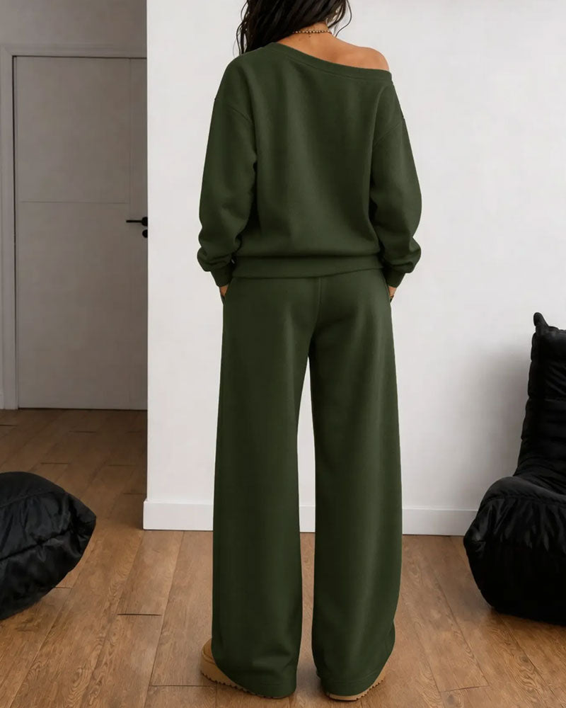Women's off-shoulder sweatshirt and wide-leg trouser set