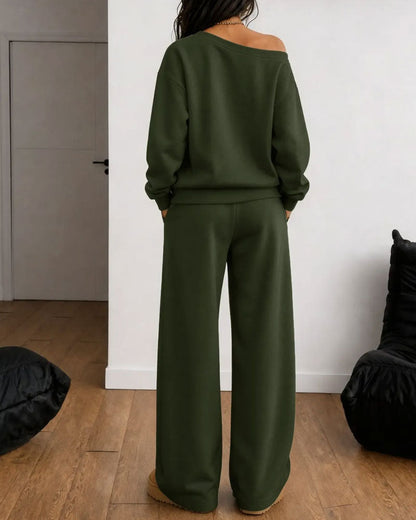 Women's off-shoulder sweatshirt and wide-leg trouser set