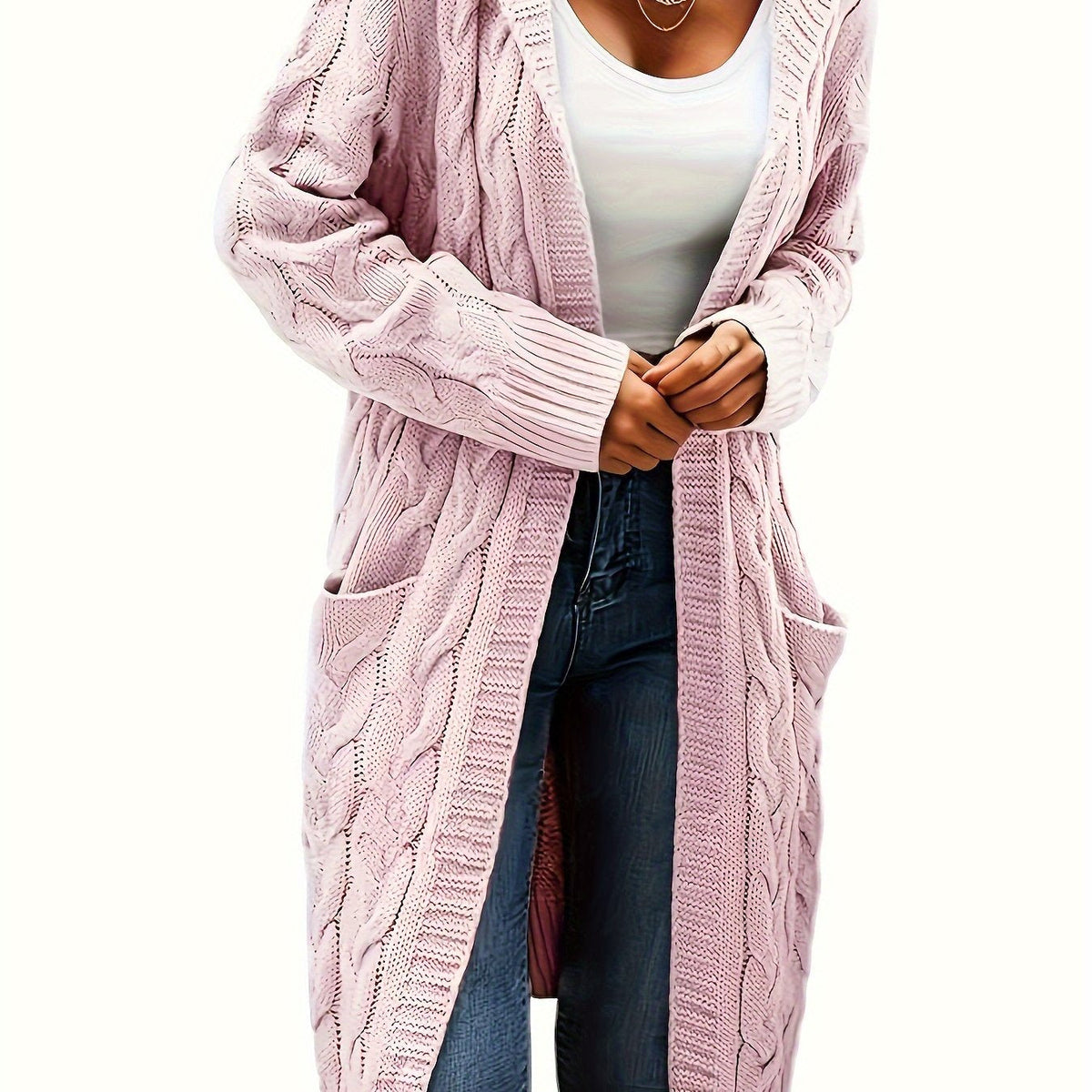 Women's long textured cable knit cardigan with open front and patch pockets