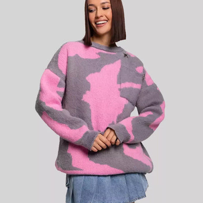 Women's abstract pattern round neck sweater with long sleeves