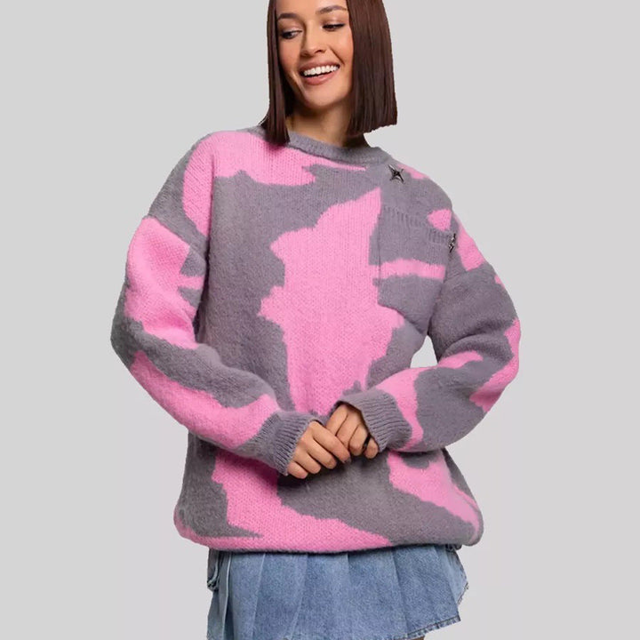 Women's abstract pattern round neck sweater with long sleeves