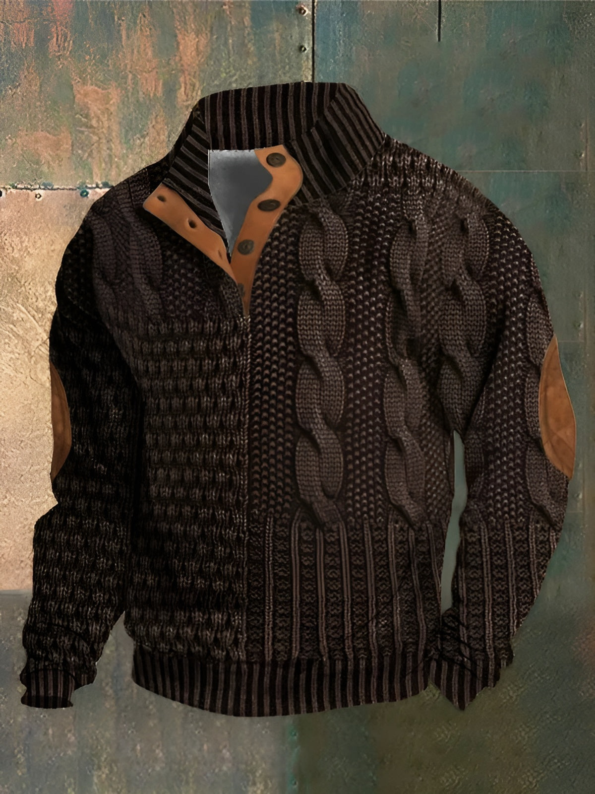 Men's patterned knit sweater with mock neck and button placket