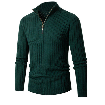 Men's ribbed quarter-zip sweater with mock neck and long sleeves