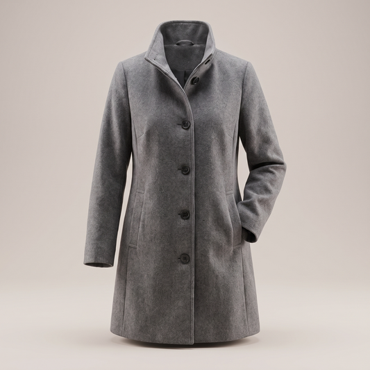 Women's structured trench coat with long sleeves, button front and collared neckline